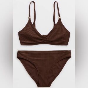 NWT Aerie FULL SET Beach Babe Shine Rib Voop Top + Full Coverage Bottom Brown S